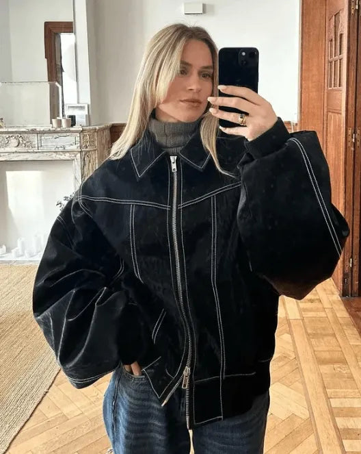 Blouson en cuir noir tendance et décontracté