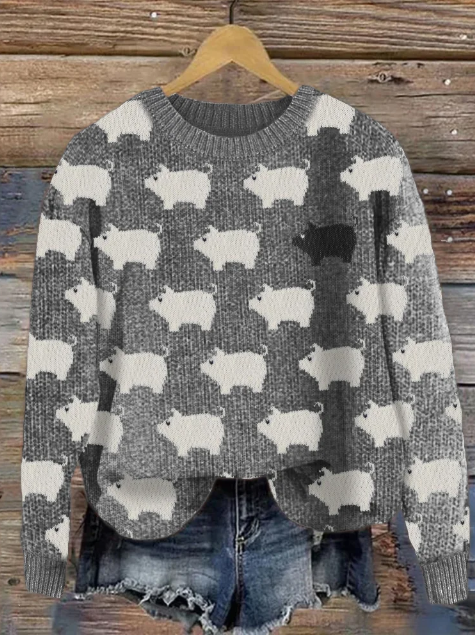 Pull tricoté douillet avec motif cochon