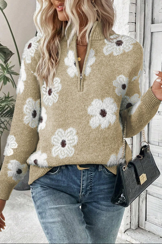 Pull femme à motifs floraux et demi-zip