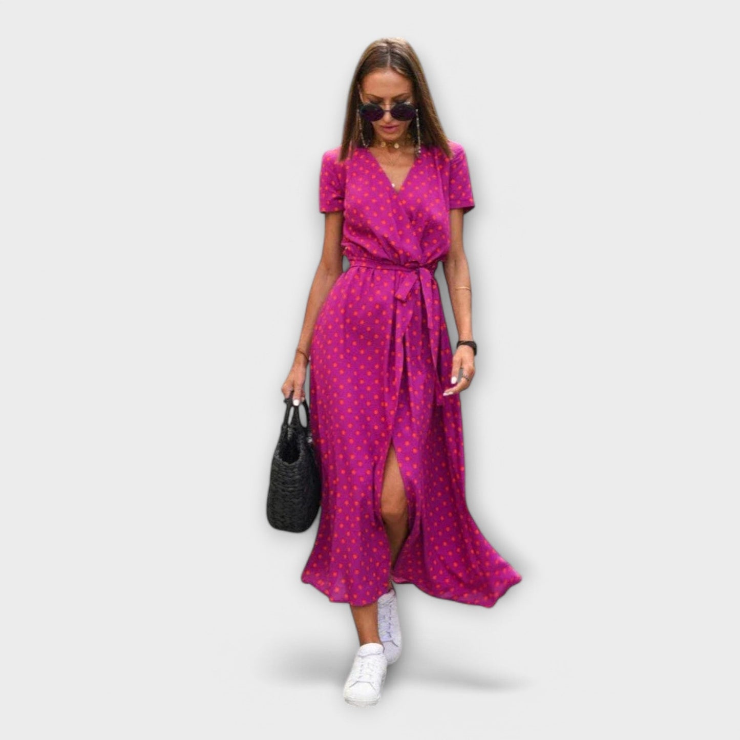 Robe longue élégante à col en V avec ceinture pour femme