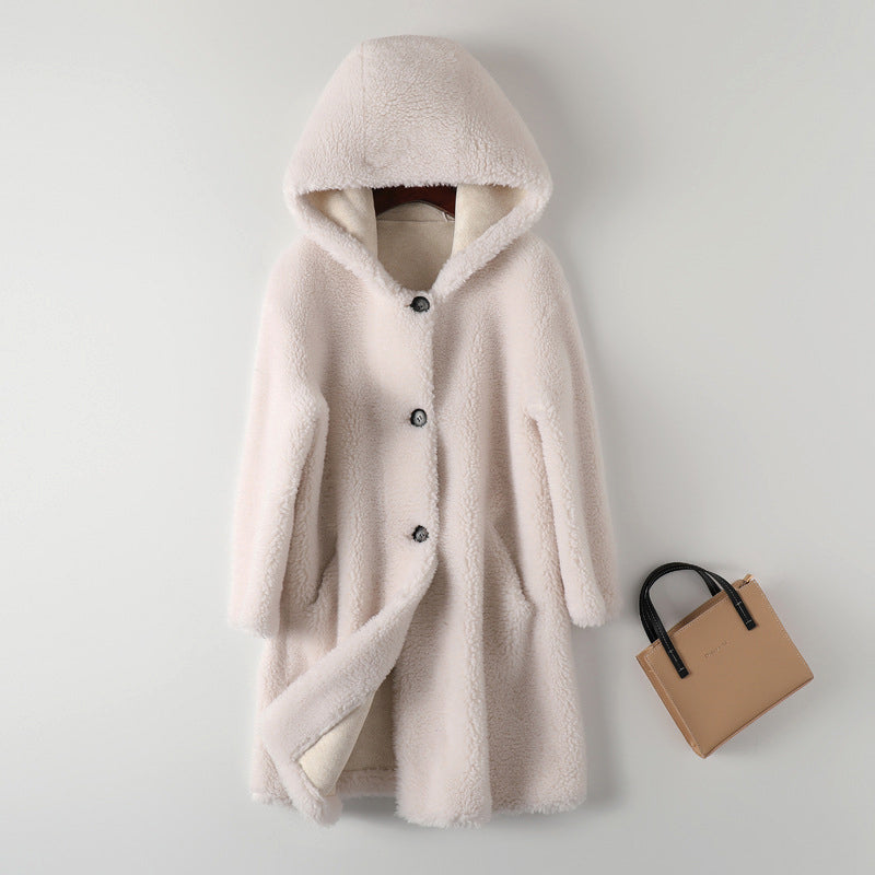 Manteau teddy oversize capuche fermeture boutonnée