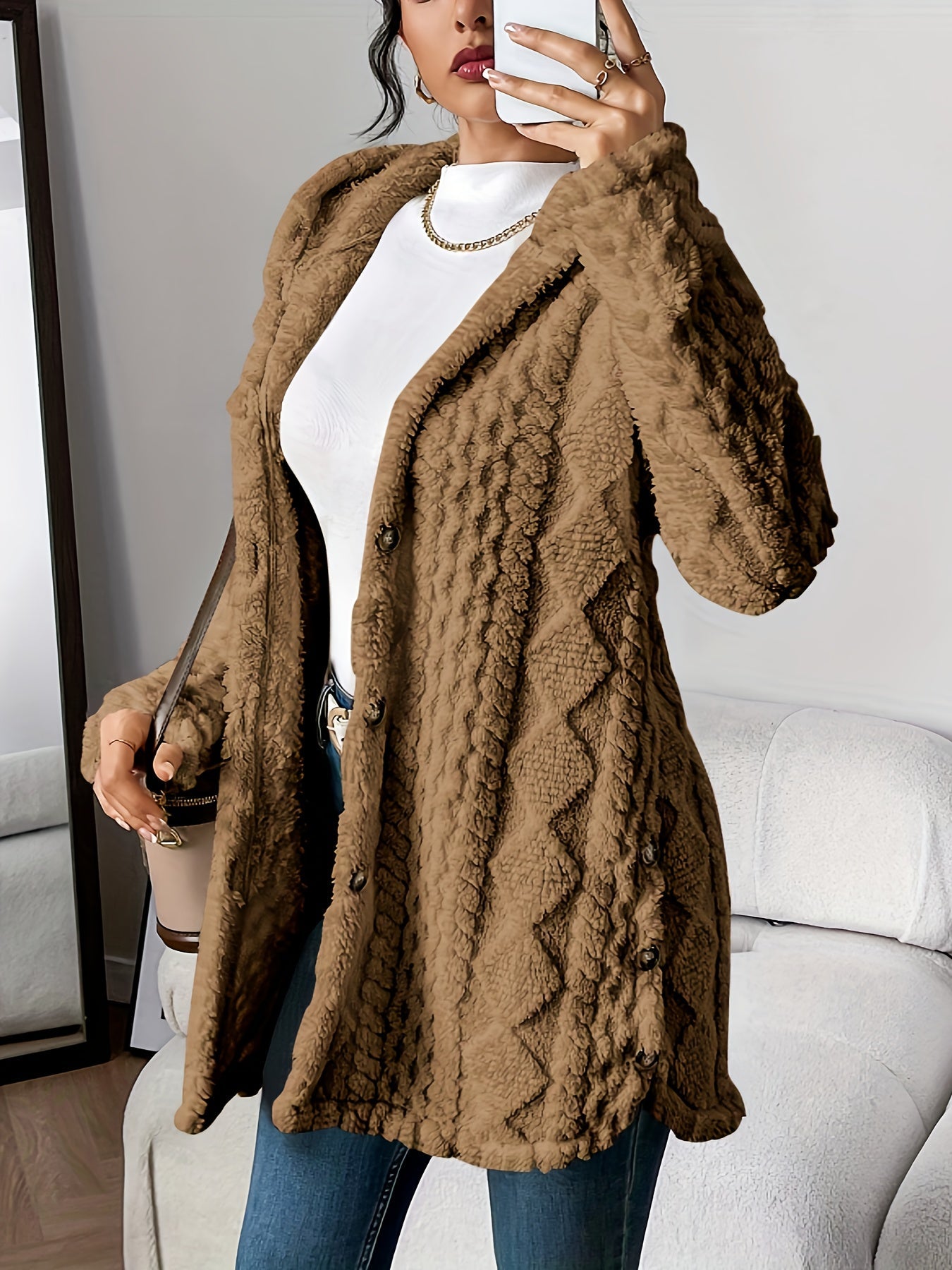 Veste Teddy Femme Chaude Capuche Boutons