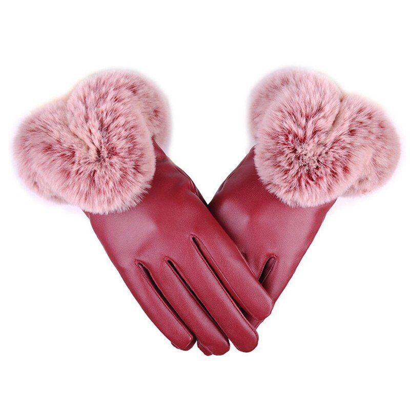Gants élégants en cuir PU avec fausse fourrure pour femmes