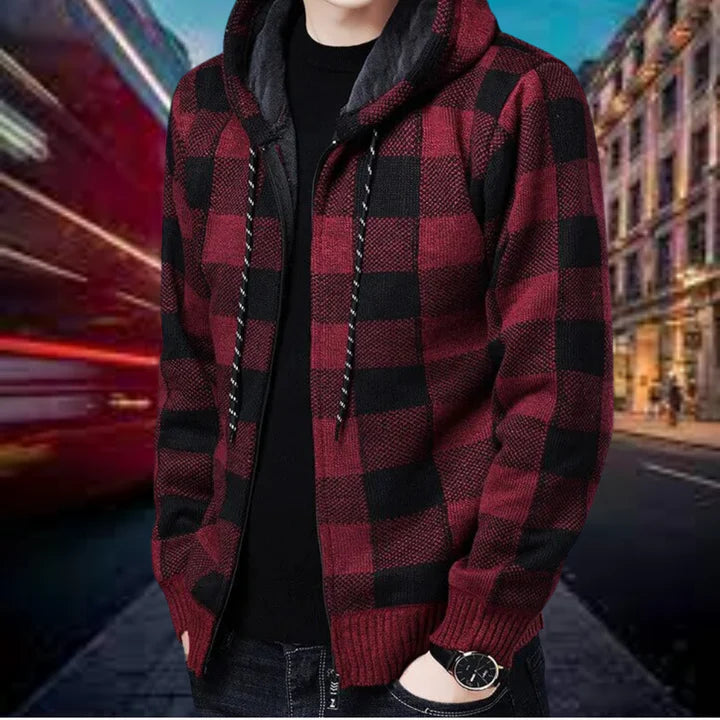 Gilet en maille à carreaux pour hommes, avec capuche, de qualité