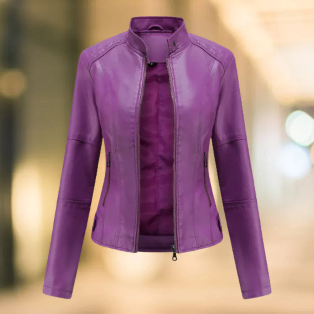 Blouson en cuir pour femme coupe slim, col montant