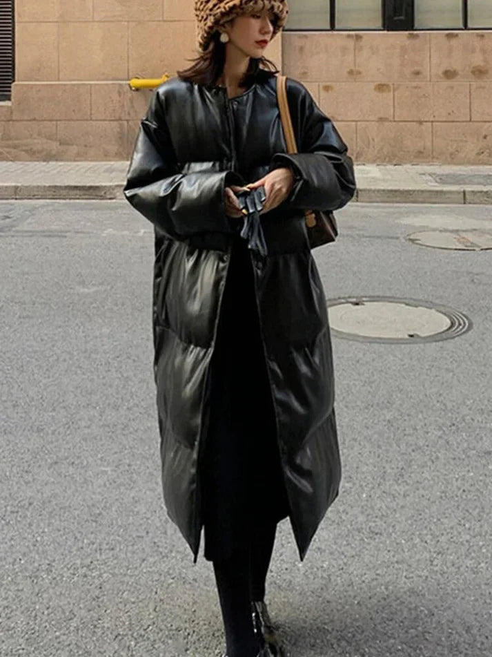 Leder-Pufferjacke Lang Damen Gürtel - IdealeKleiden