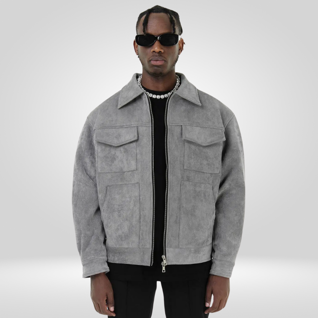 Veste en cuir homme, fermeture éclair, col, poches