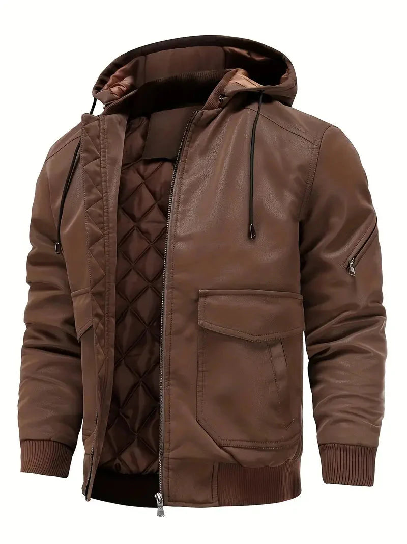 Veste en cuir homme chaude à capuche