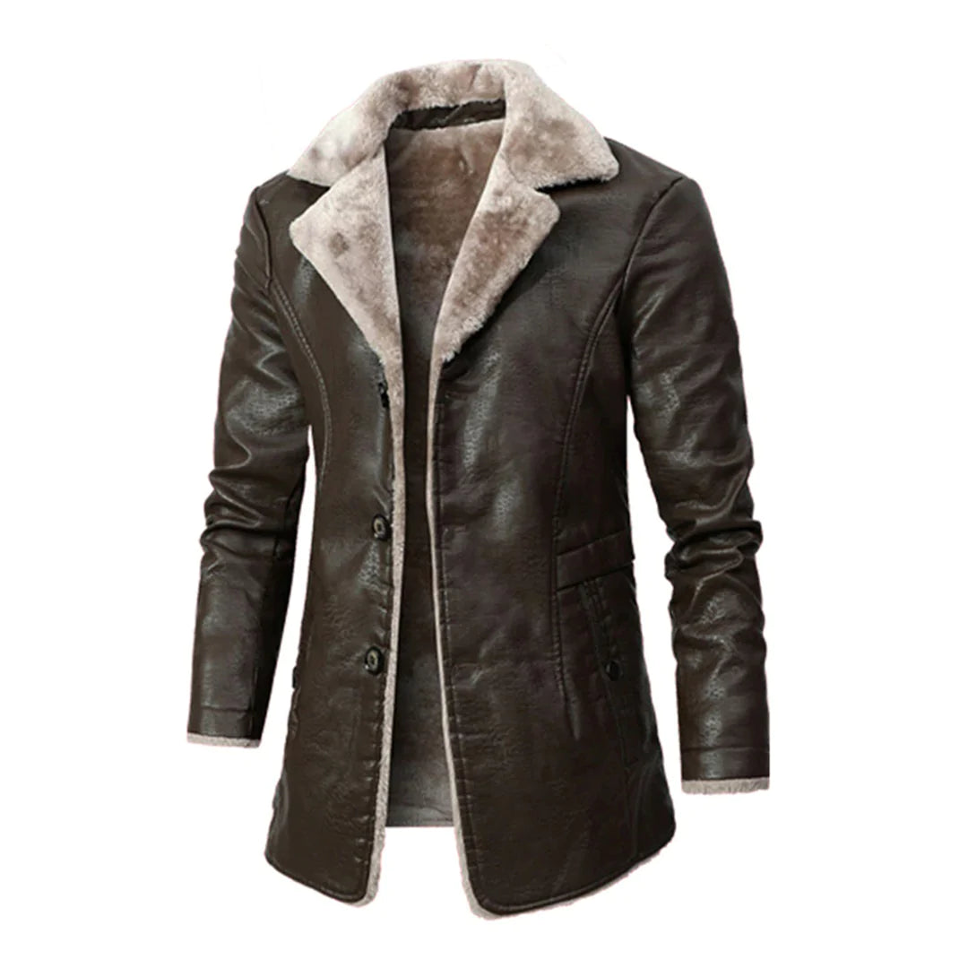 Blouson en cuir pour homme, long, doublé fourrure