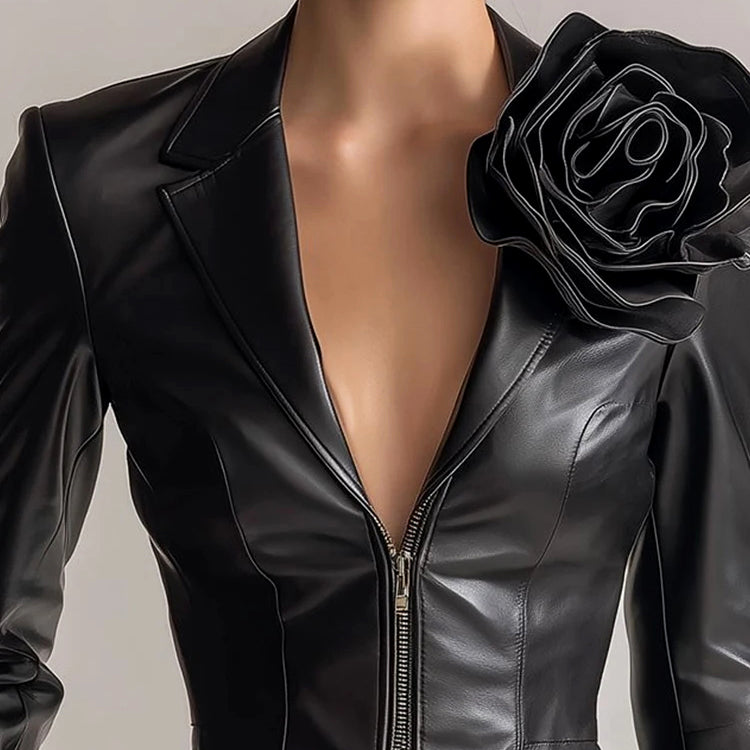 Stylische Lederjacke Slim Fit Blumenmuster - IdealeKleiden