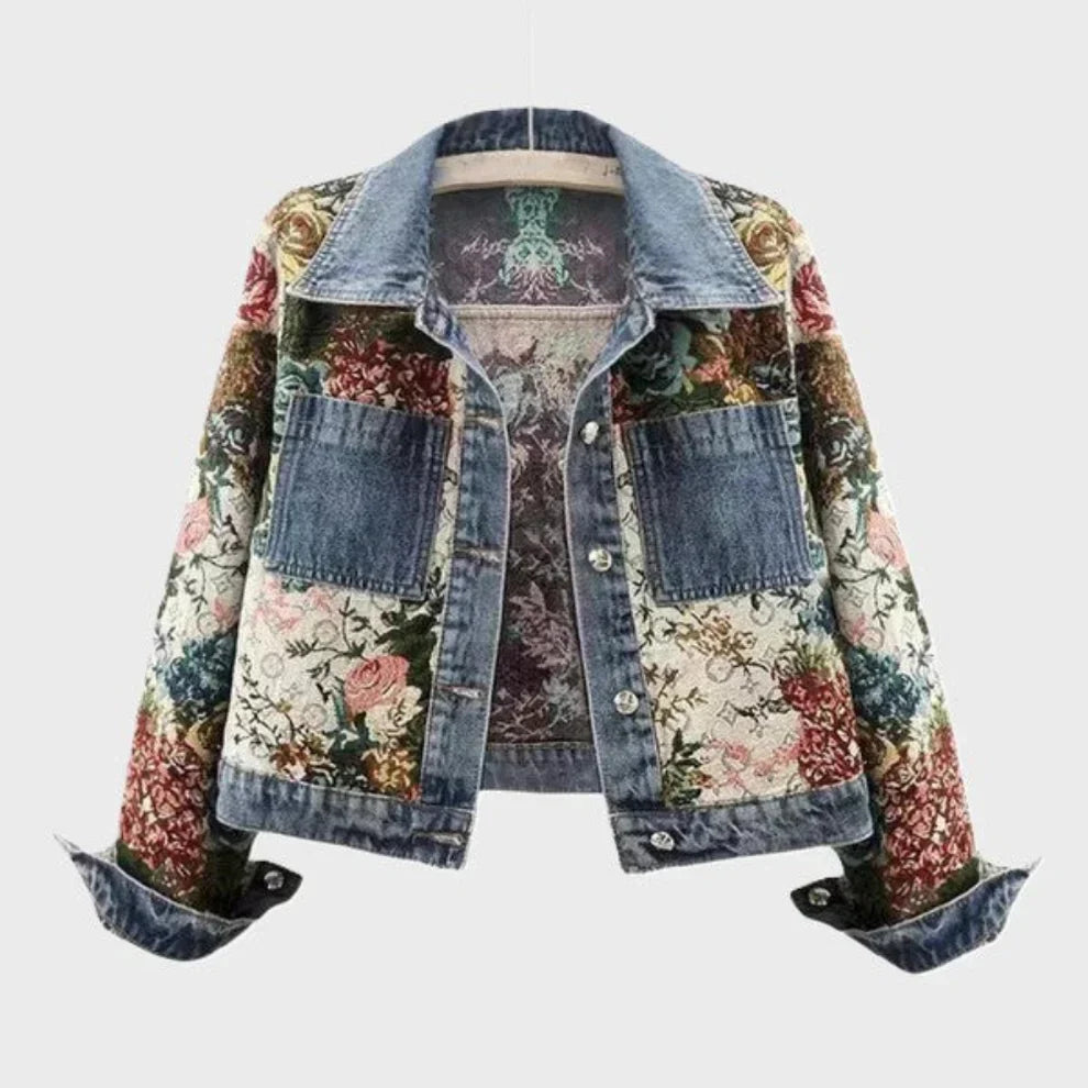 Damen Jeansjacke Blumenmuster Chic - IdealeKleiden