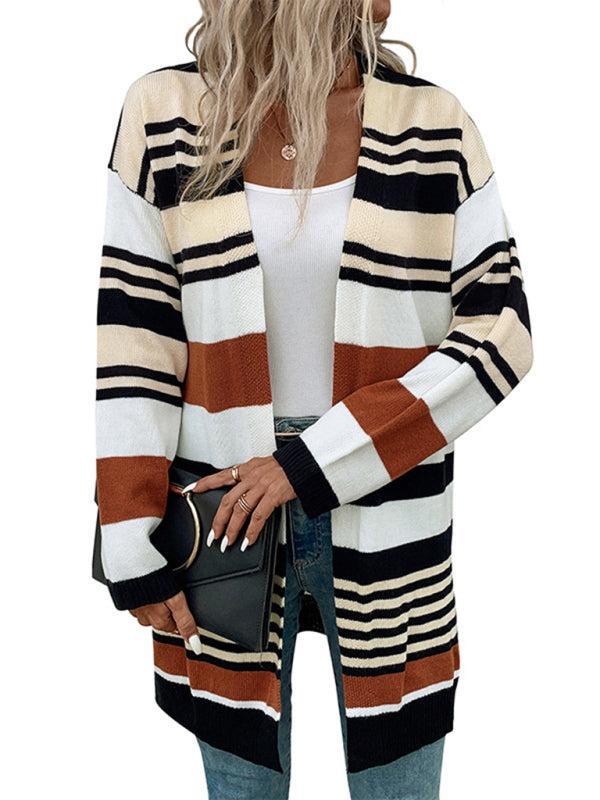 Damen Cardigan Herbstlich Streifen Mittellang - IdealeKleiden