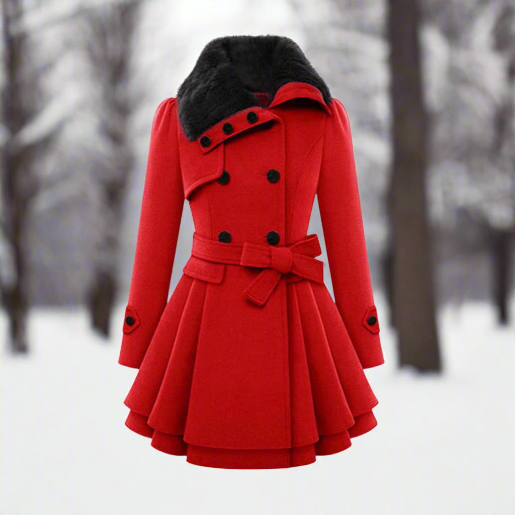 Manteau pour femme croisé évasé avec ceinture et fausse fourrure