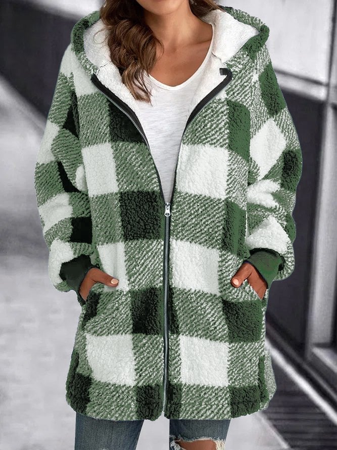 Veste d'hiver à carreaux en polaire chaude à capuche
