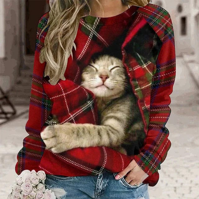 Rotes Sweatshirt mit Katzen-Motiv Chillig - IdealeKleiden