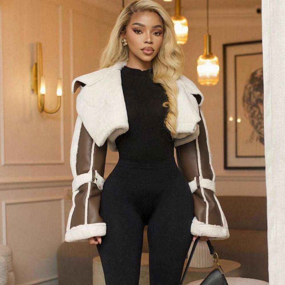 Veste courte en peau de mouton pour femme, manteau en fourrure