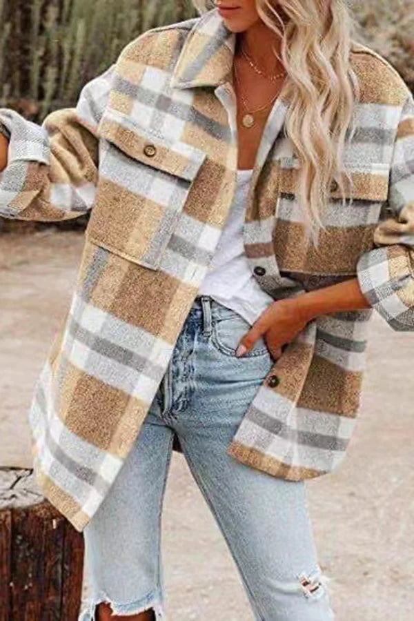 Veste à carreaux tendance pour femme avec poches pratiques