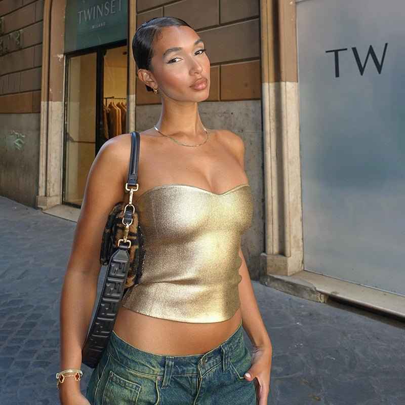 Haut de bustier sexy en cœur scintillant métallisé