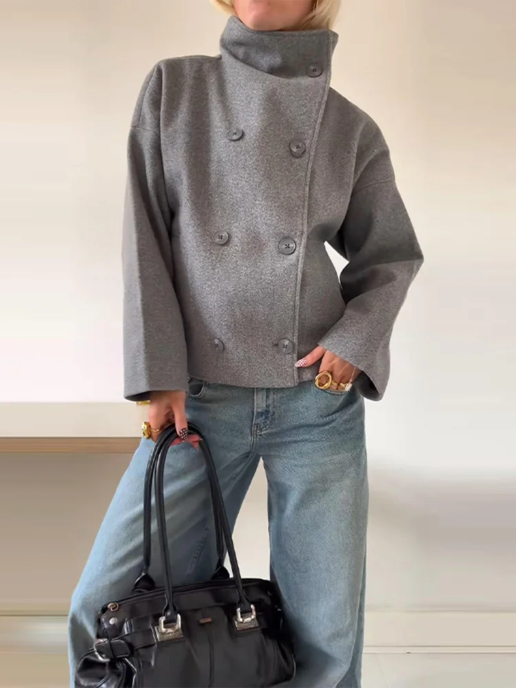 Manteau court femme oversize en laine col montant