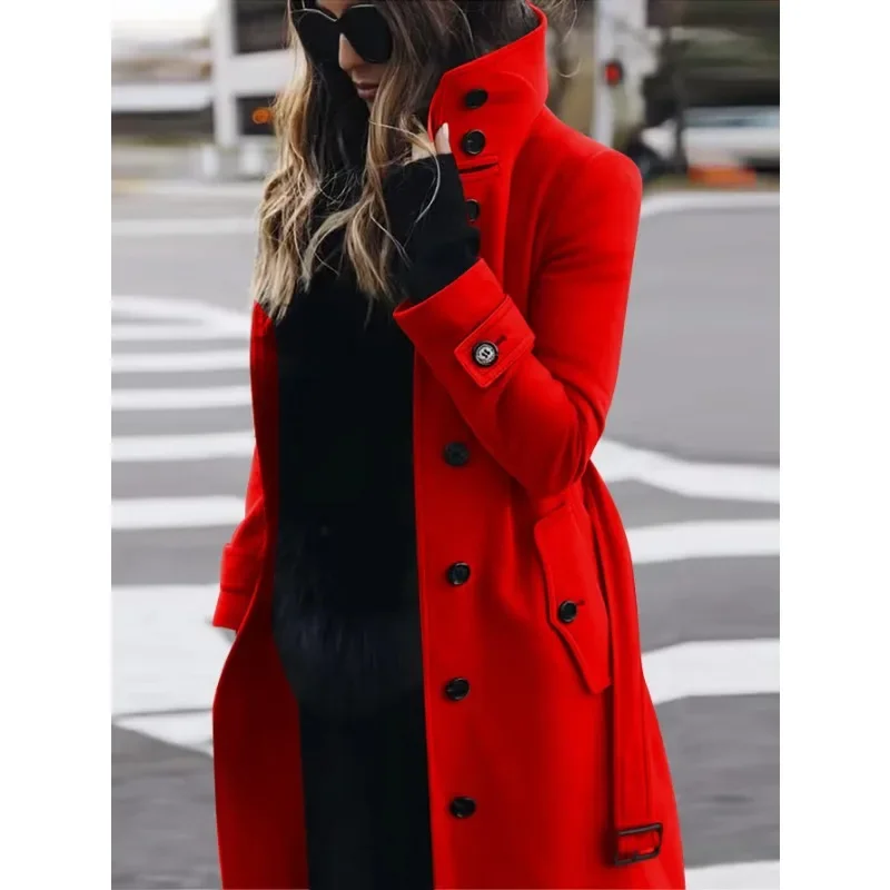 Manteau long femme en laine coupe slim col montant