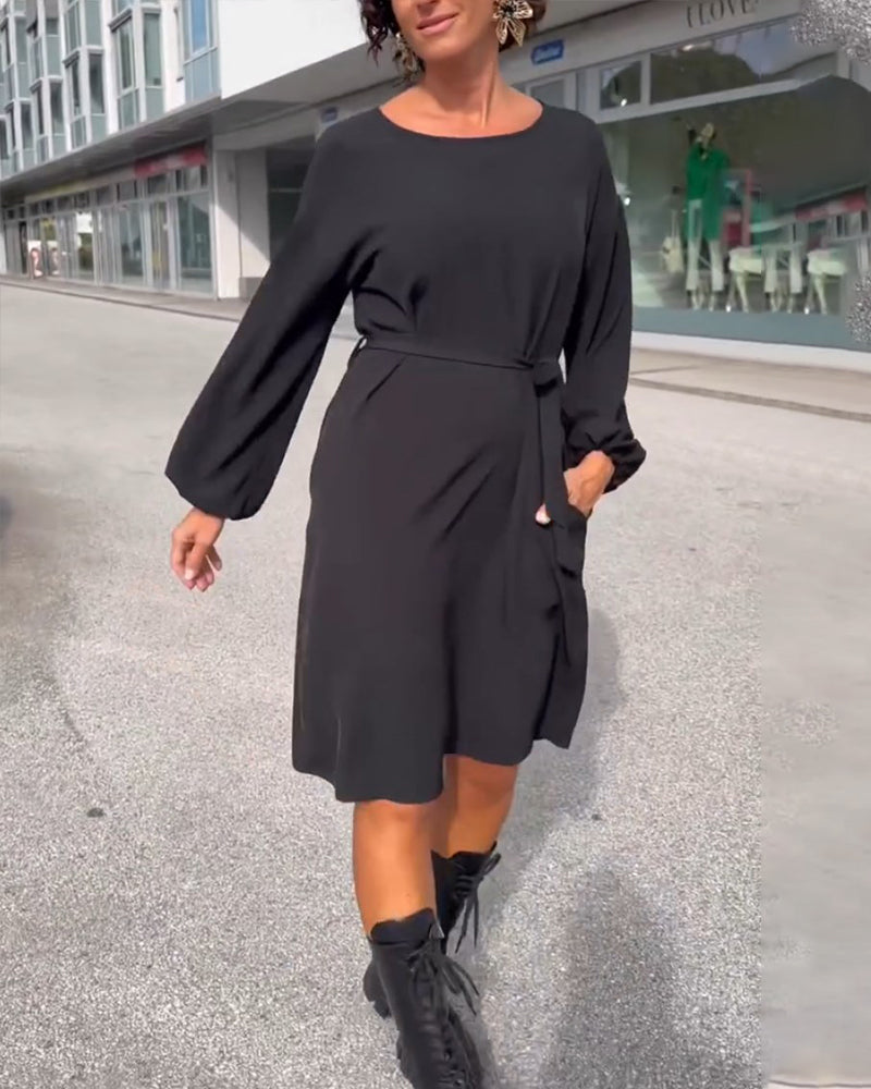 Elegantes Kleid Rundhals Ausschnitt mit Bindeband - IdealeKleiden