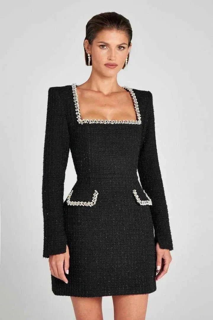 Mini-robe en tweed, manches longues, décorée de perles, élégante