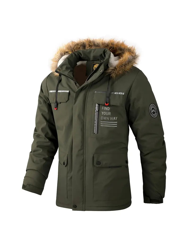 Veste d'hiver homme imperméable doublée à capuche fourrure