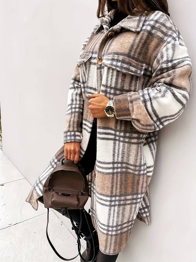 Veste en laine carreaux chaude élégante boutons pour femme
