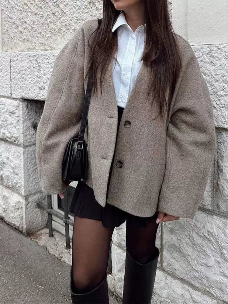 Manteau femme élégant en laine mélangée à col en V
