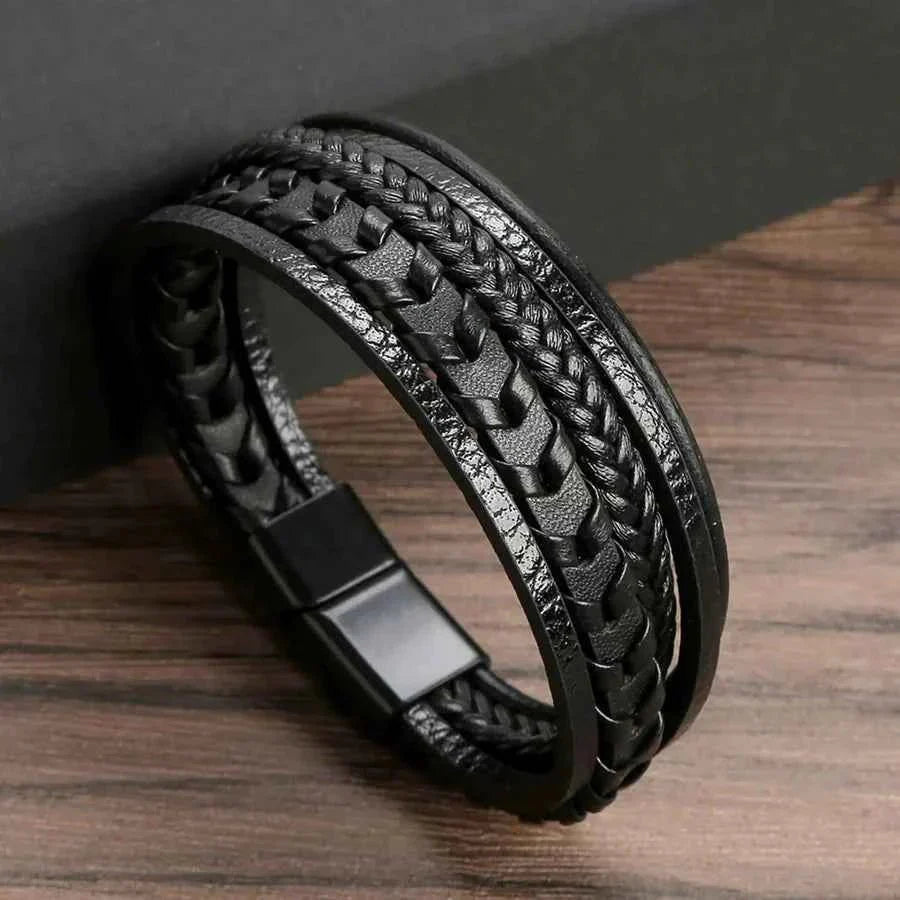 Bracelet en cuir tressé noir