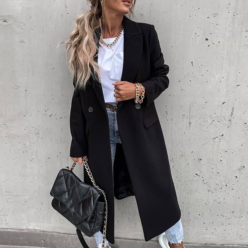 Long manteau femme en laine mélangée design classique élégant