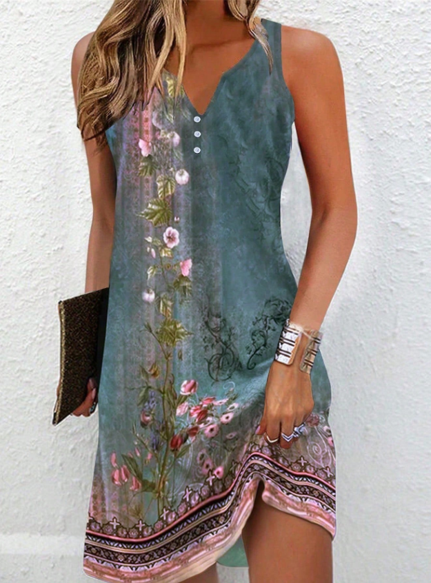 Robe d'été pour femme avec motif floral et col en V