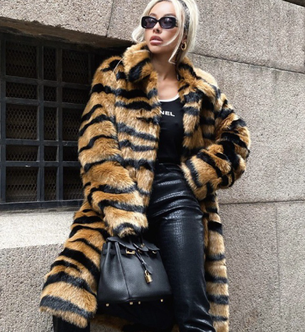 Manteau de fourrure long pour femme à imprimé animal - Mode hiver de luxe