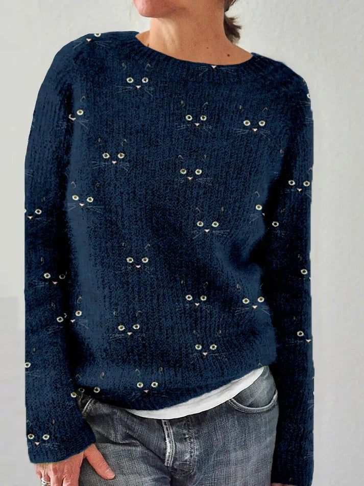 Pull douillet Chat Mignon Imprimé visage Col rond