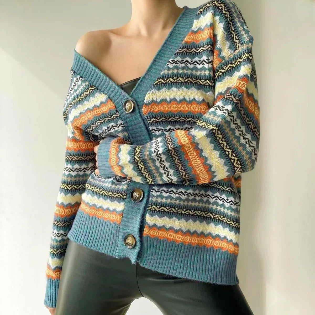 Cardigan ample à col en V et motifs