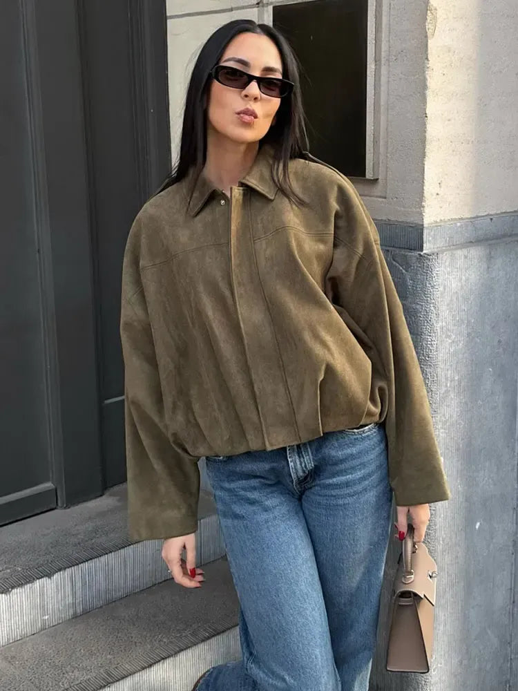 Frauen Übergangsjacke Wildlederoptik Lockere Passform - IdealeKleiden