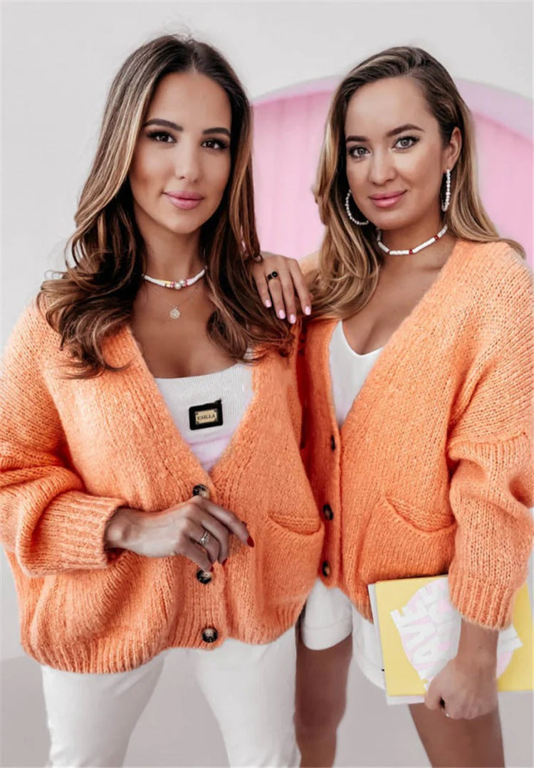 Cardigan ample à col en V et boutons, Décontracté et confortable