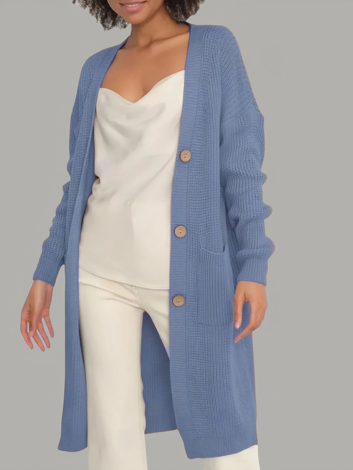 Long cardigan femme coupe ample douce avec boutons et poches
