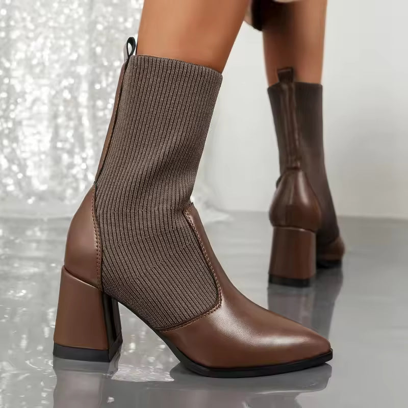 Chelsea Boots Damen Strick-Optik Spitzer Zeh Blockabsatz