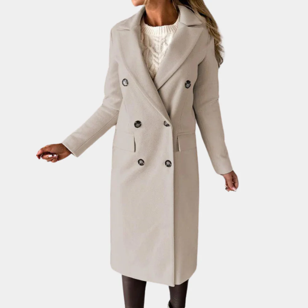Manteau femme élégant long cintré laineux classique