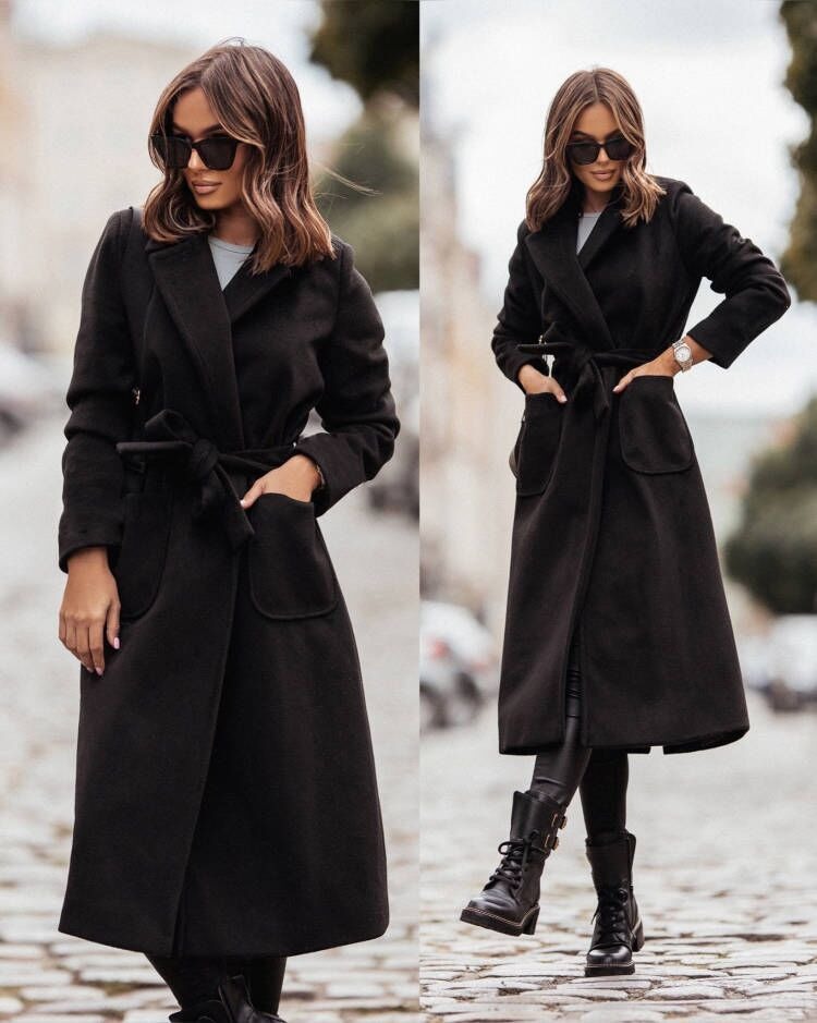 Élégant manteau en laine, double boutonnage, mi-long, ceinture
