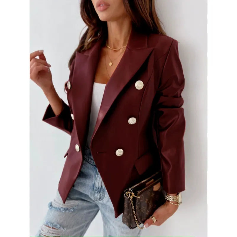 Veste en cuir élégante pour femme, cintrée, épaulettes