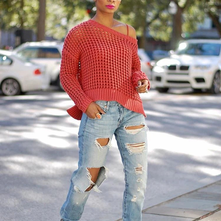 Weite Strickpullover Off Shoulder Grobmasche - IdealeKleiden