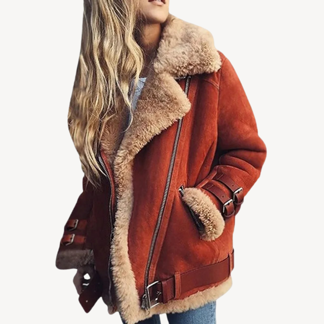 Blouson en cuir pour femme, doublé chaud, style motard