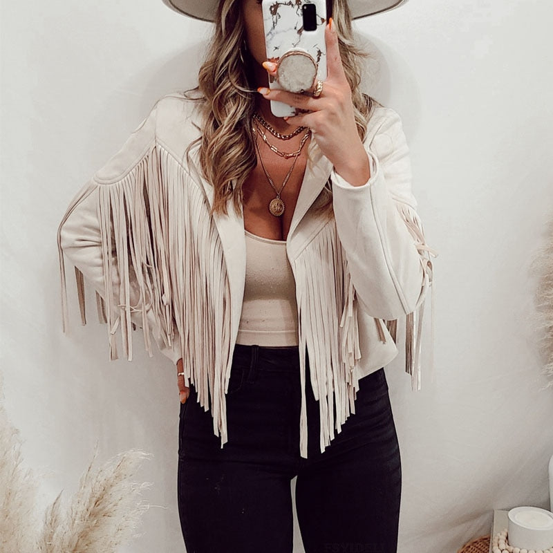 Veste femme tendance daim effet franges