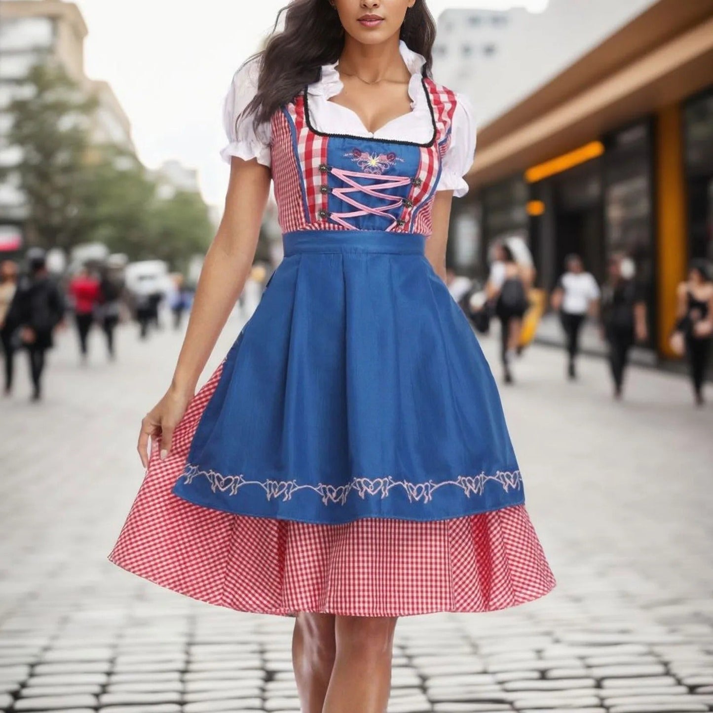 Dirndl d'Octobre à carreaux à fleurs manches courtes