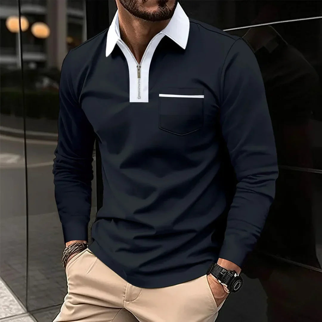 Polo homme manches longues col contrastant fermeture éclair