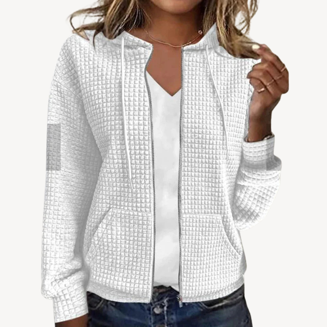 Pull-over gaufré douillet pour femme avec capuche et fermeture éclair