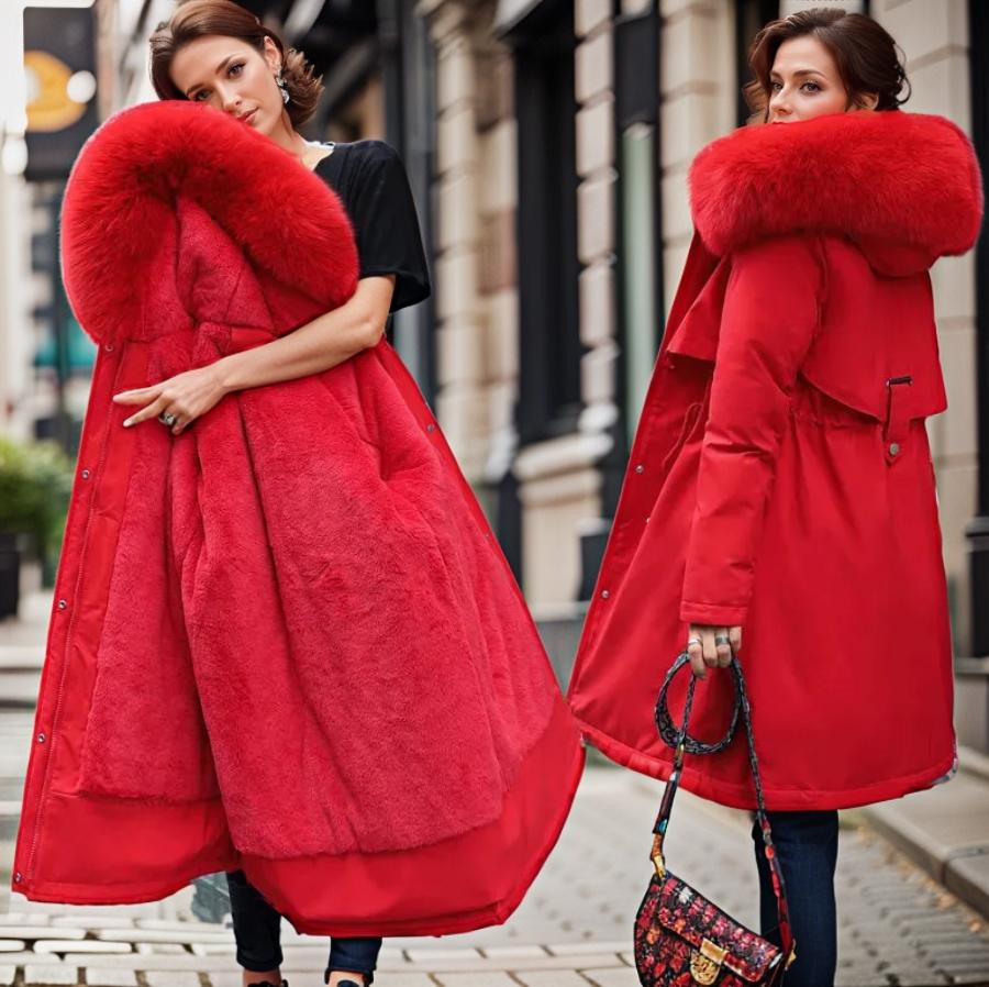 Manteau d'hiver femme mi-long avec capuche en fausse fourrure