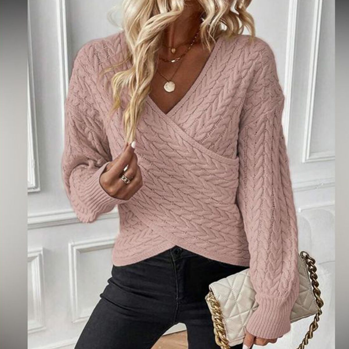 Rosa Pullover Damen Stilvoll V-Ausschnitt - IdealeKleiden